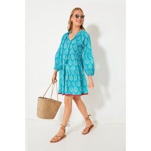 Tuckernuck Tnuck Beach Tropical Teal Lantern Block Print Tie Neck Coverup Medium